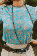 LUCKY & BLESSED Turquoise Boots Print Puff Short Sleeve Western Top — Iconic Western Boot Print Cowgirl Statement - Rooted & Reckless Co.