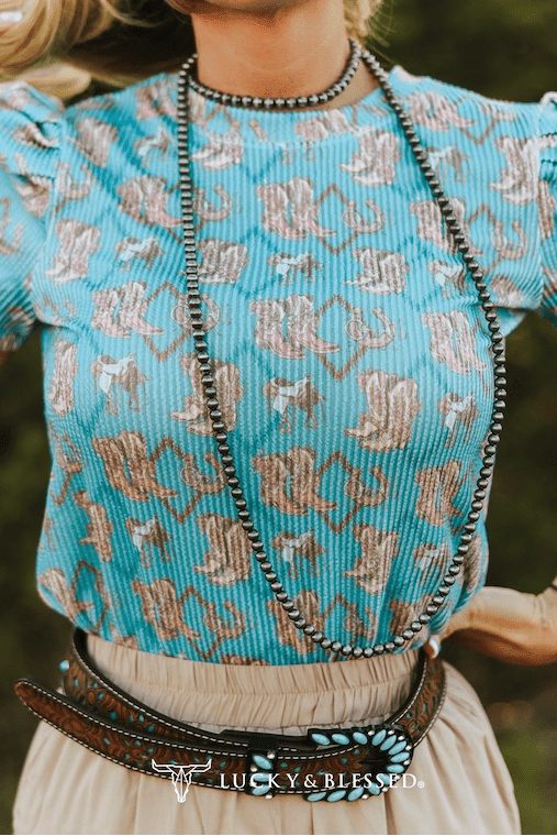 LUCKY & BLESSED Turquoise Boots Print Puff Short Sleeve Western Top — Iconic Western Boot Print Cowgirl Statement - Rooted & Reckless Co.