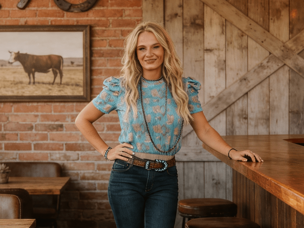 LUCKY & BLESSED Turquoise Boots Print Puff Short Sleeve Western Top — Iconic Western Boot Print Cowgirl Statement - Rooted & Reckless Co.