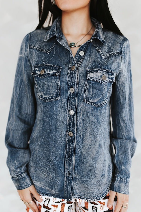 LUCKY & BLESSED Vintage Blue Washed Western Denim Shirt — Concho Button Tencel Cowgirl Statement - Rooted & Reckless Co.