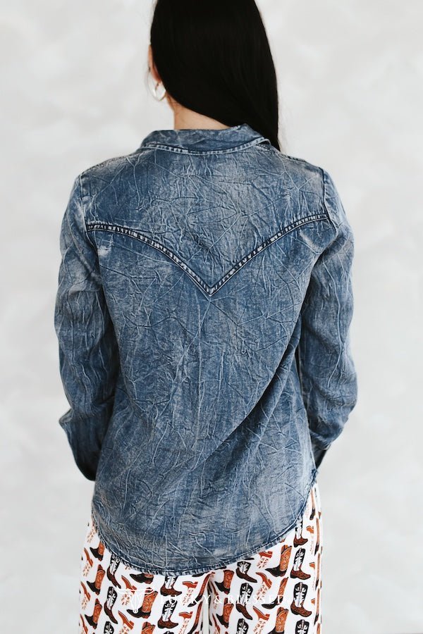 LUCKY & BLESSED Vintage Blue Washed Western Denim Shirt — Concho Button Tencel Cowgirl Statement - Rooted & Reckless Co.