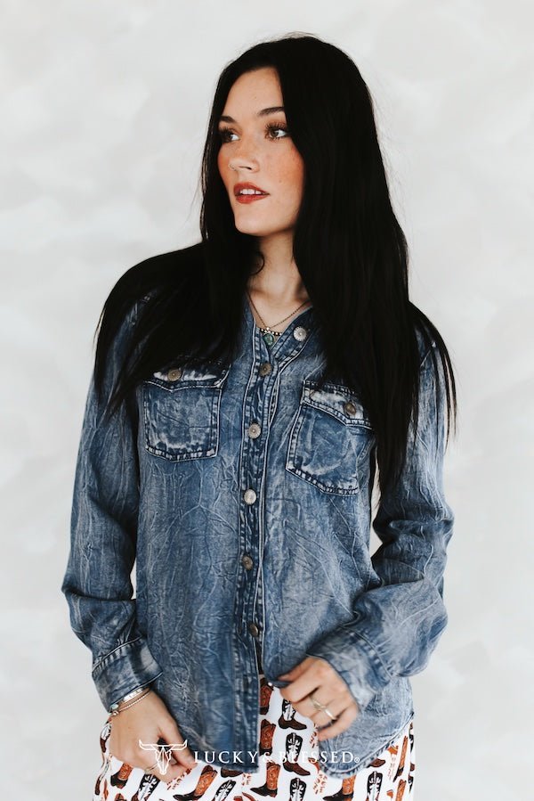 LUCKY & BLESSED Vintage Blue Washed Western Denim Shirt — Concho Button Tencel Cowgirl Statement - Rooted & Reckless Co.