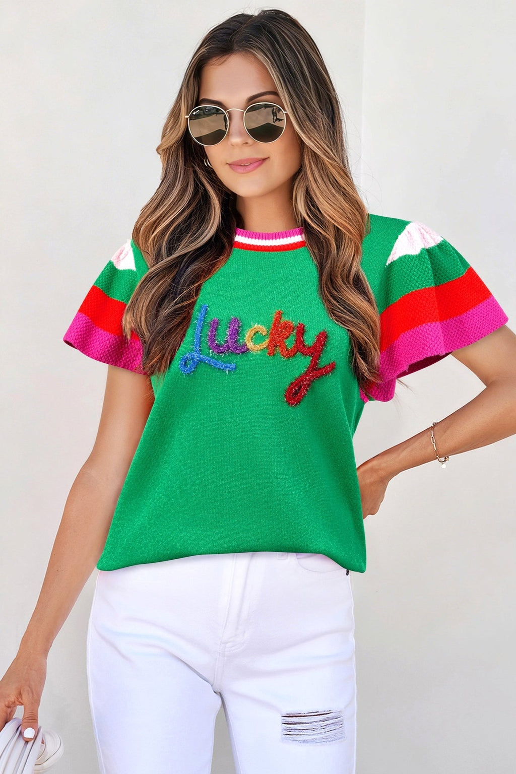 Lucky Stripe Flutter Sleeve Round Neck Sweater - Rooted & Reckless Co.