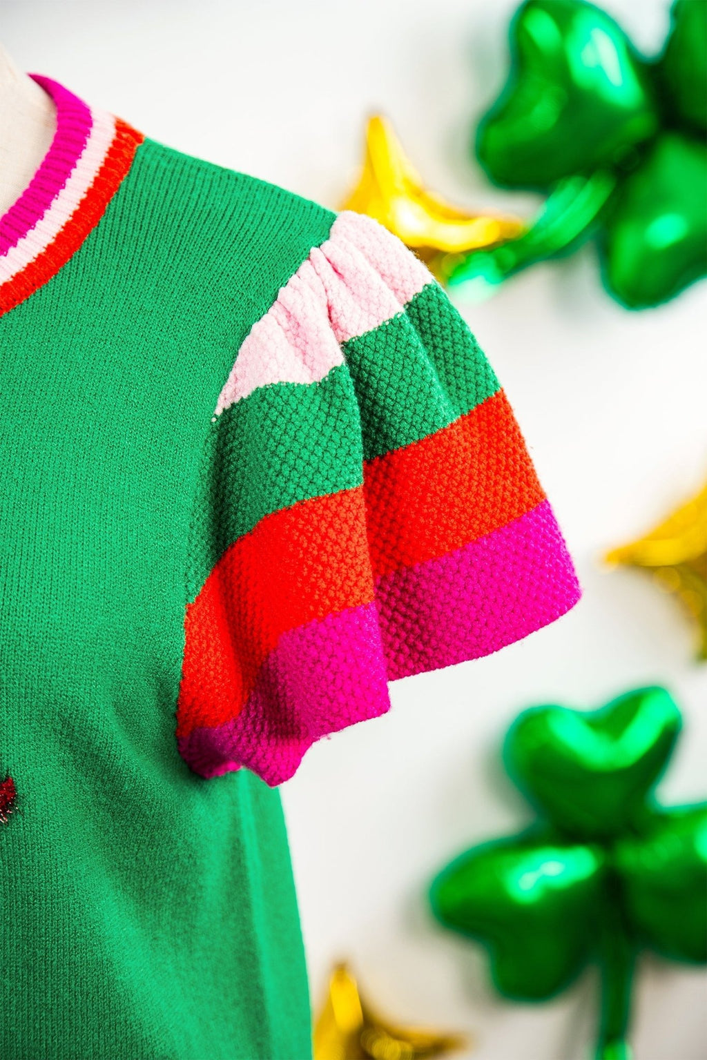 Lucky Stripe Flutter Sleeve Round Neck Sweater - Rooted & Reckless Co.