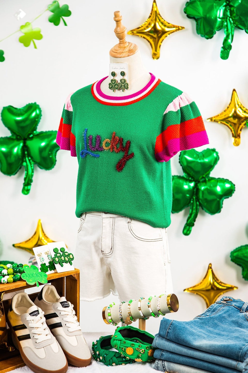 Lucky Stripe Flutter Sleeve Round Neck Sweater - Rooted & Reckless Co.