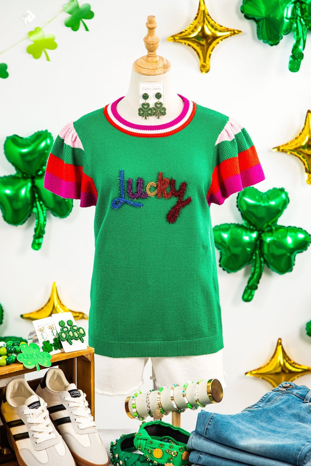 Lucky Stripe Flutter Sleeve Round Neck Sweater - Rooted & Reckless Co.