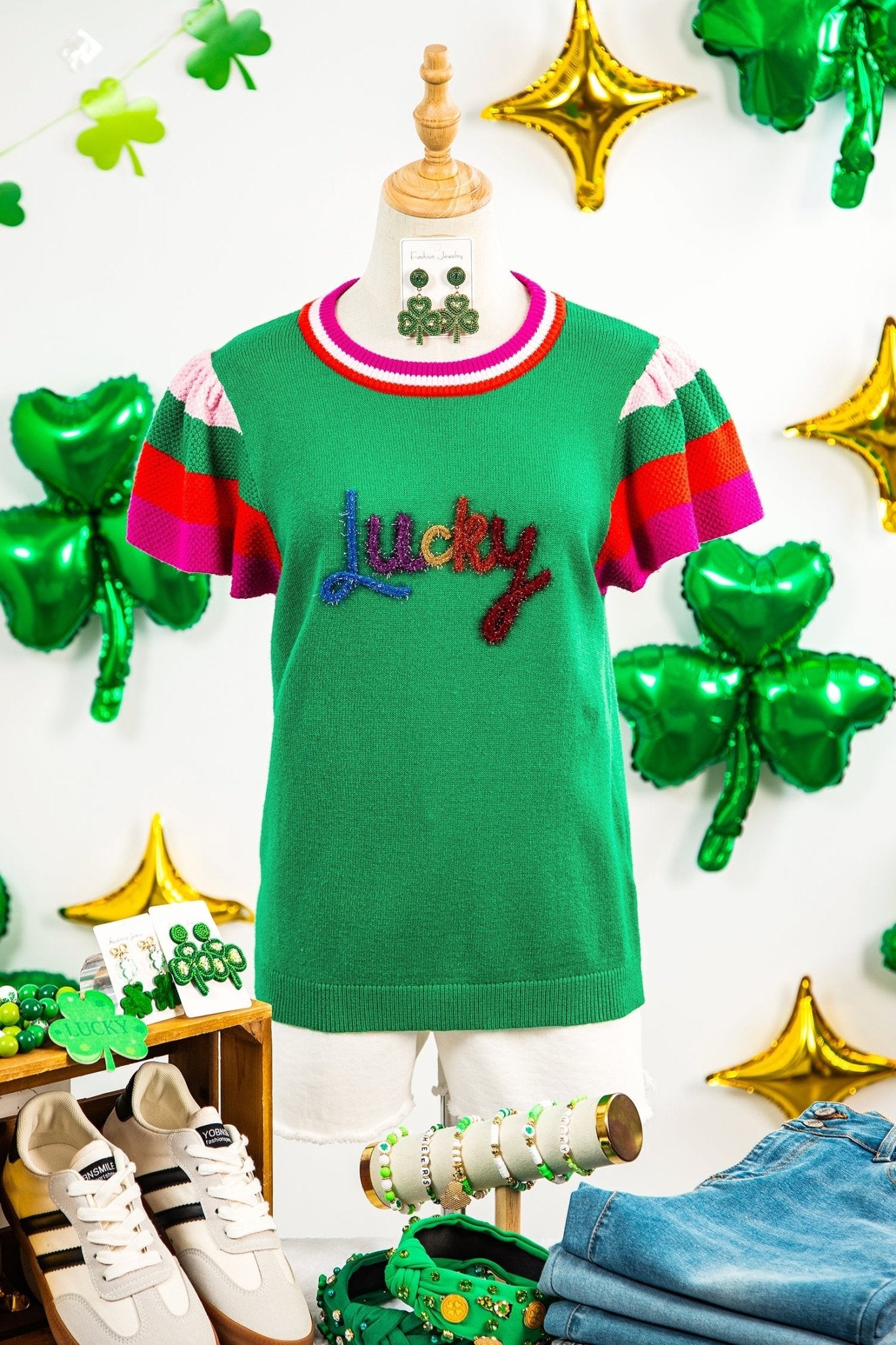 Lucky Stripe Flutter Sleeve Round Neck Sweater - Rooted & Reckless Co.