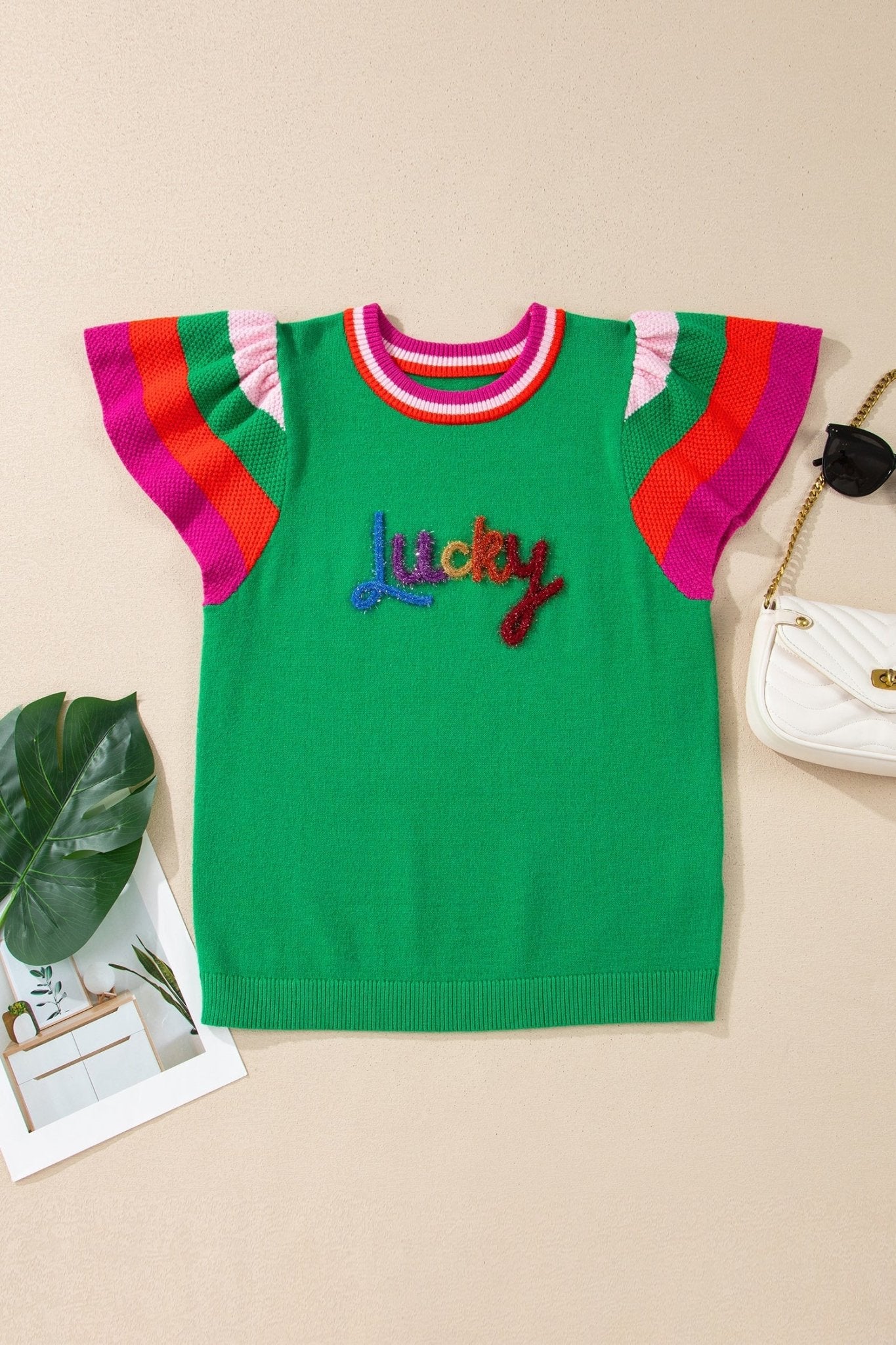 Lucky Stripe Flutter Sleeve Round Neck Sweater - Rooted & Reckless Co.
