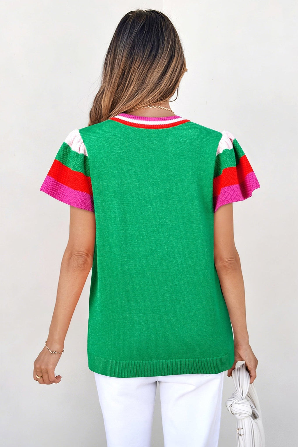 Lucky Stripe Flutter Sleeve Round Neck Sweater - Rooted & Reckless Co.