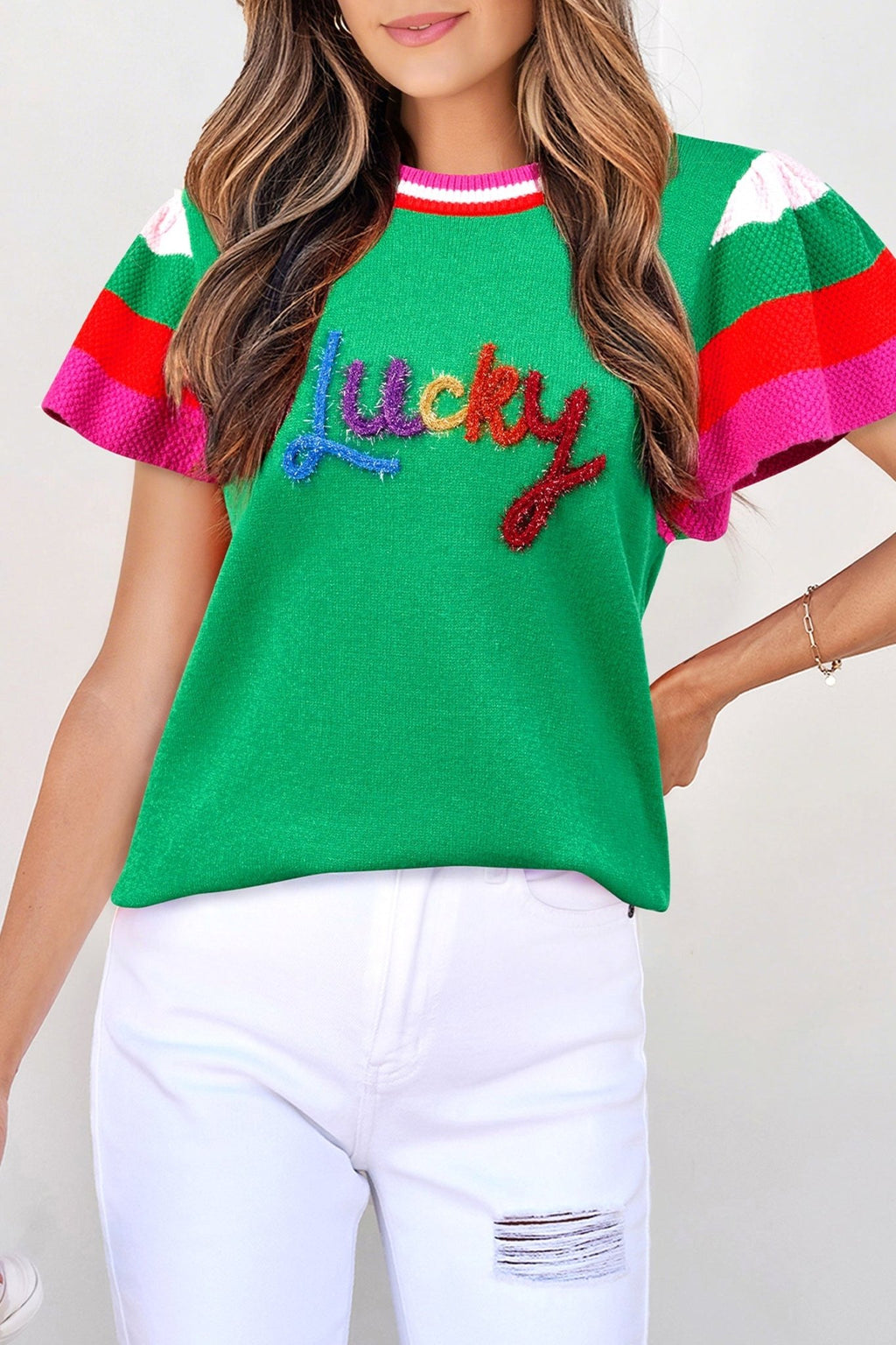 Lucky Stripe Flutter Sleeve Round Neck Sweater - Rooted & Reckless Co.