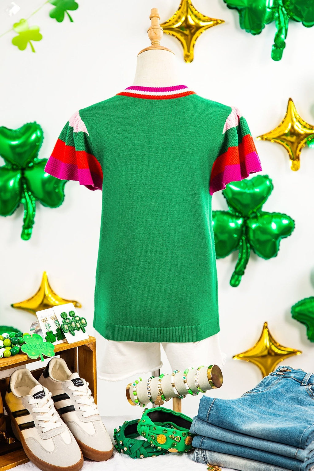 Lucky Stripe Flutter Sleeve Round Neck Sweater - Rooted & Reckless Co.