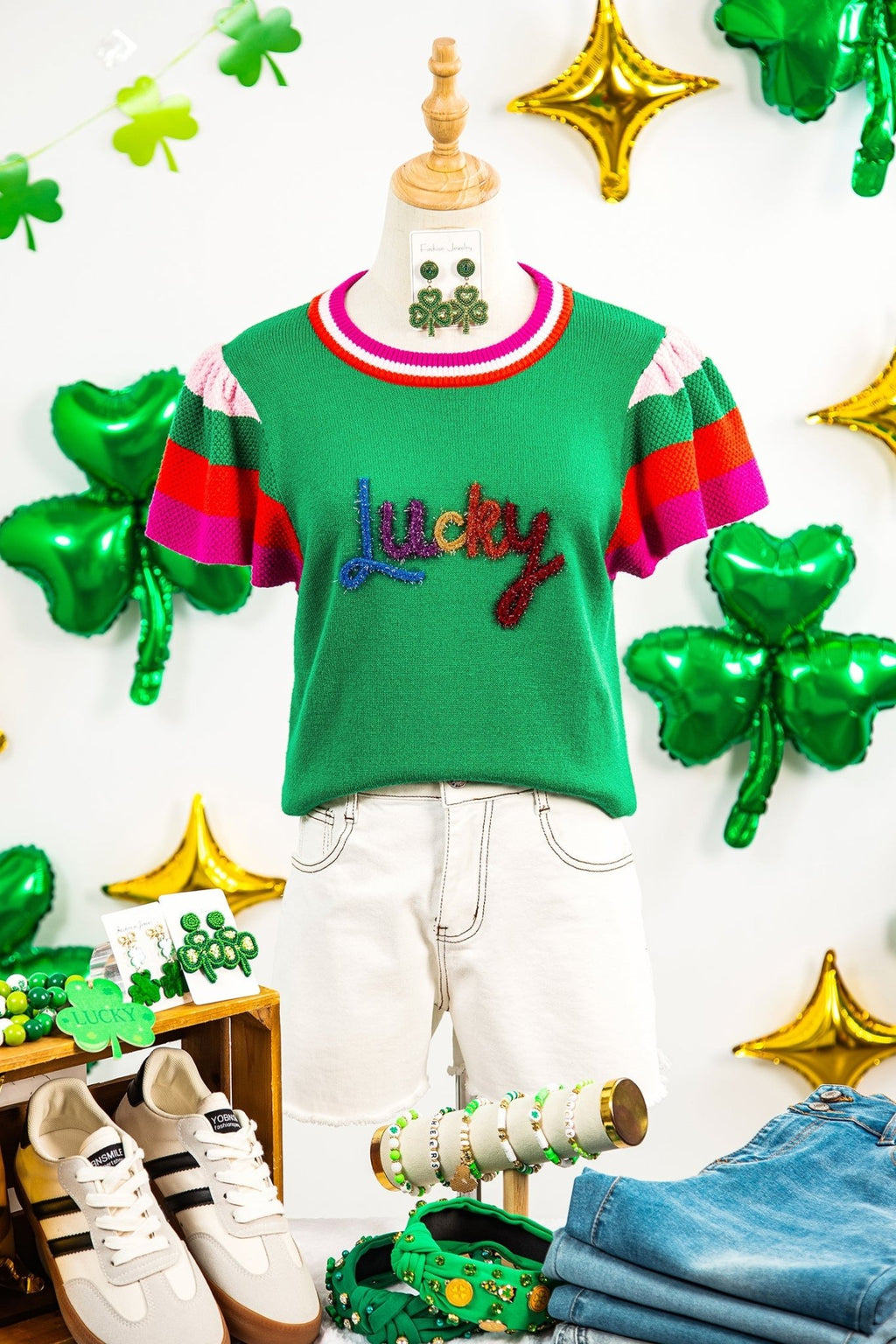 Lucky Stripe Flutter Sleeve Round Neck Sweater - Rooted & Reckless Co.