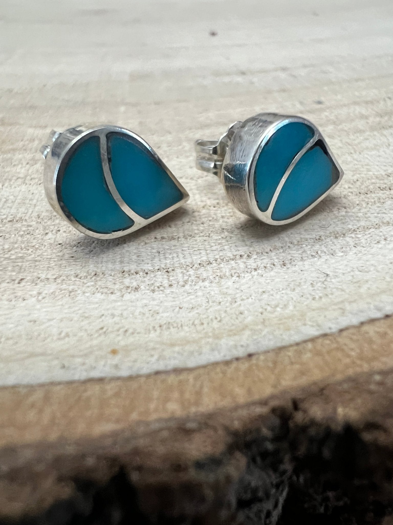 Lynette Johnson Zuni Handcrafted Sterling Silver Inlay Turquoise Post Earrings — 3/8" (10mm) - Rooted & Reckless Co.