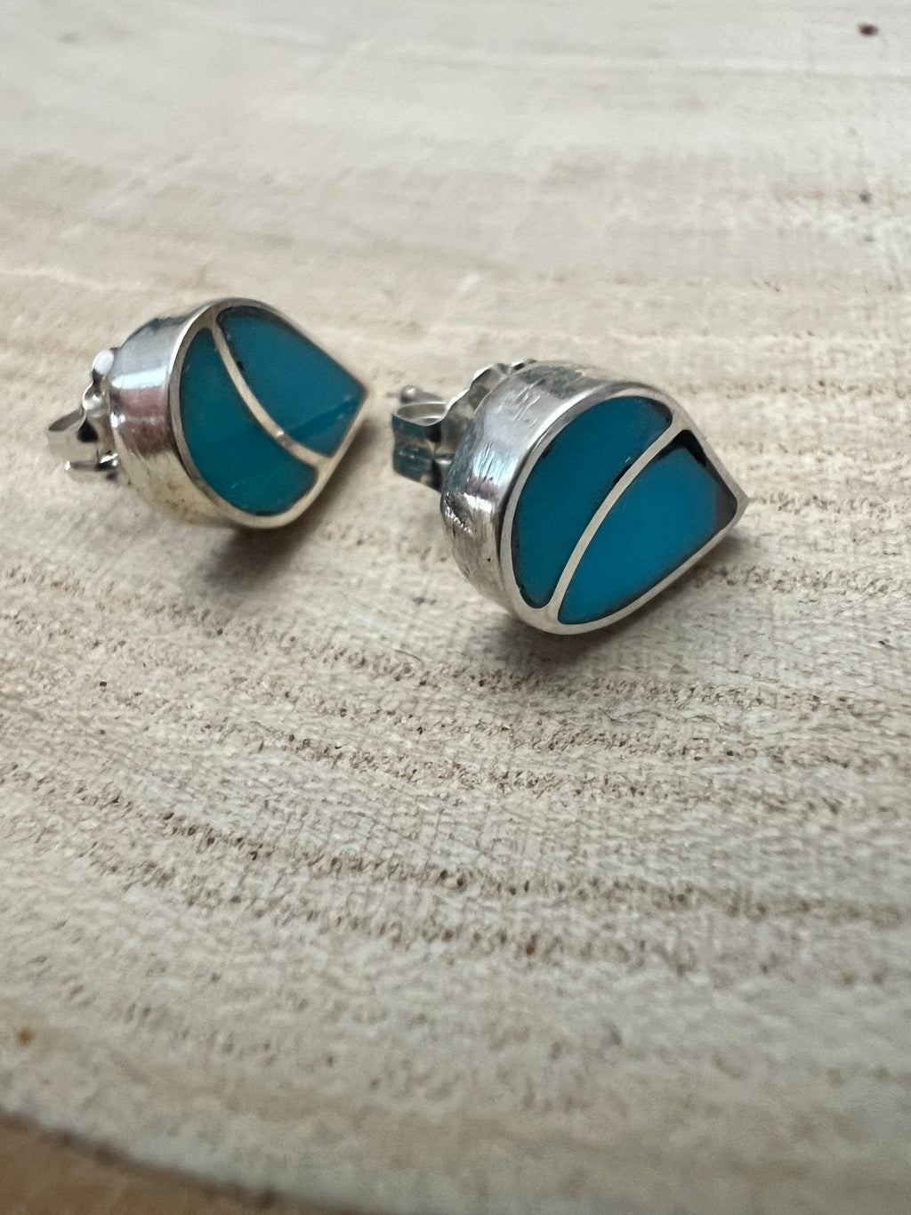 Lynette Johnson Zuni Handcrafted Sterling Silver Inlay Turquoise Post Earrings — 3/8" (10mm) - Rooted & Reckless Co.