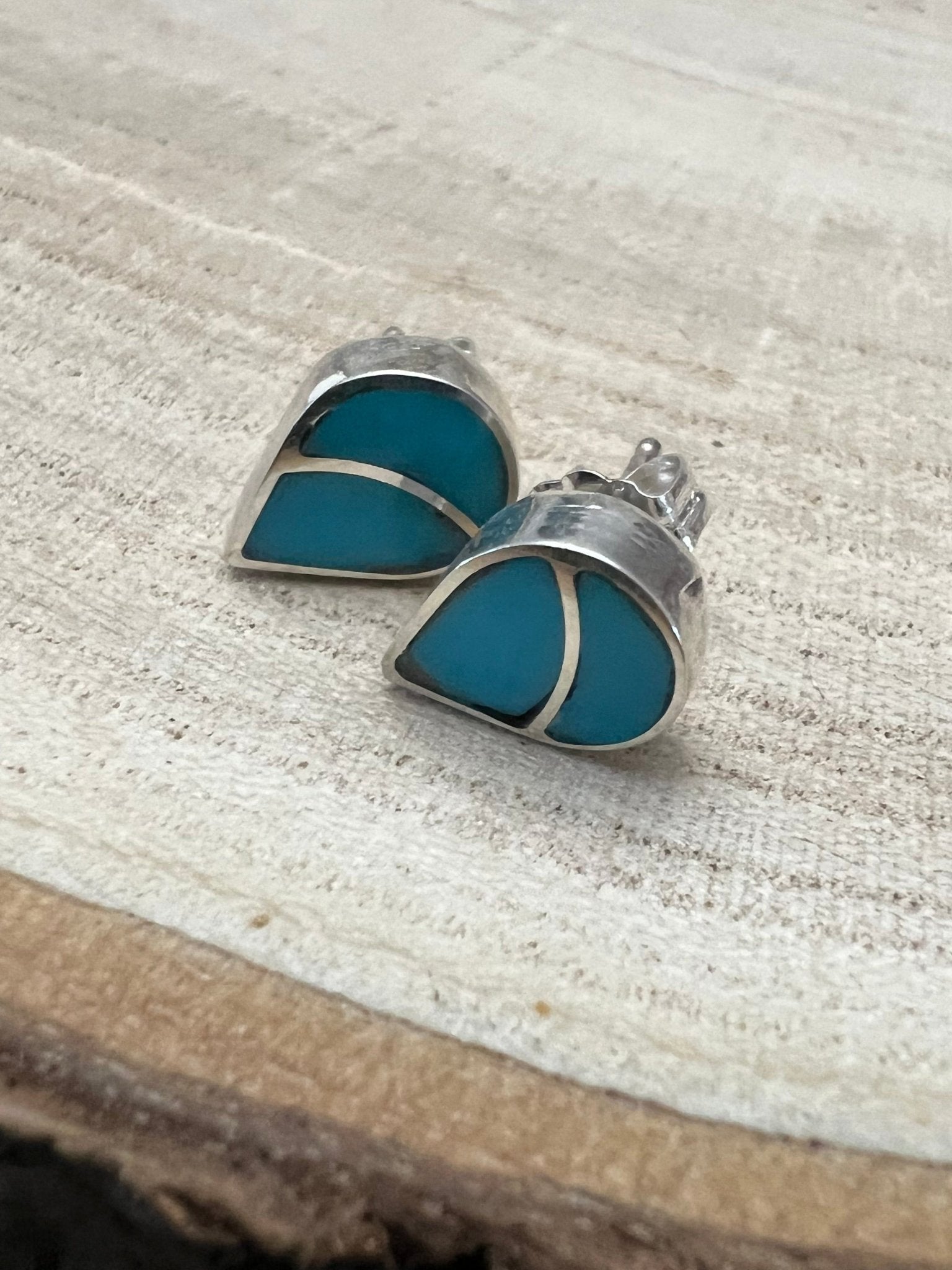Lynette Johnson Zuni Handcrafted Sterling Silver Inlay Turquoise Post Earrings — 3/8" (10mm) - Rooted & Reckless Co.