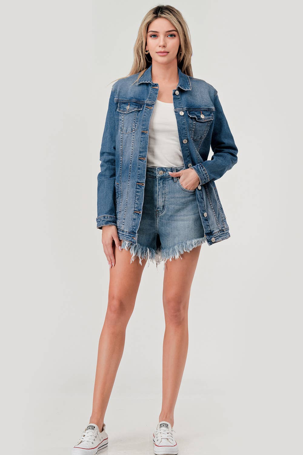 M7151J - MEDIUM WASH - LONG DENIM JACKET - Rooted & Reckless Co.
