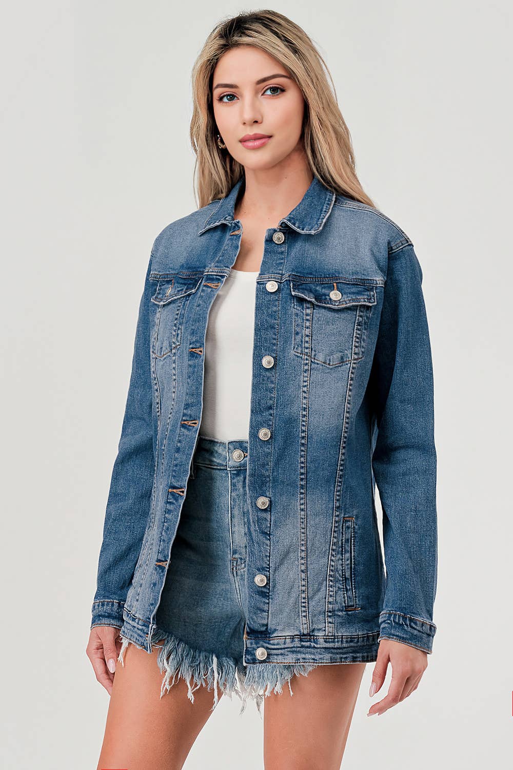 M7151J - MEDIUM WASH - LONG DENIM JACKET - Rooted & Reckless Co.