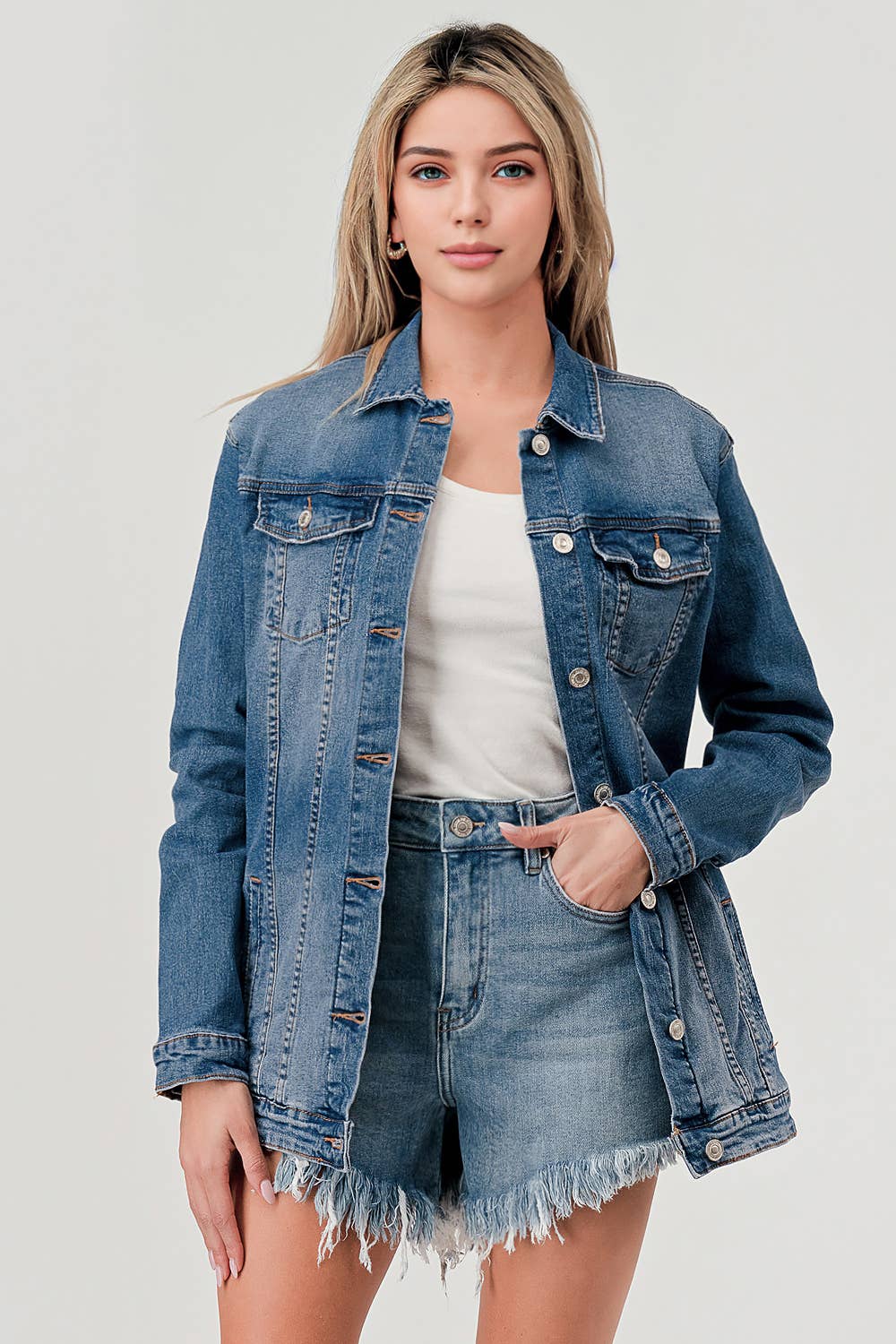 M7151J - MEDIUM WASH - LONG DENIM JACKET - Rooted & Reckless Co.