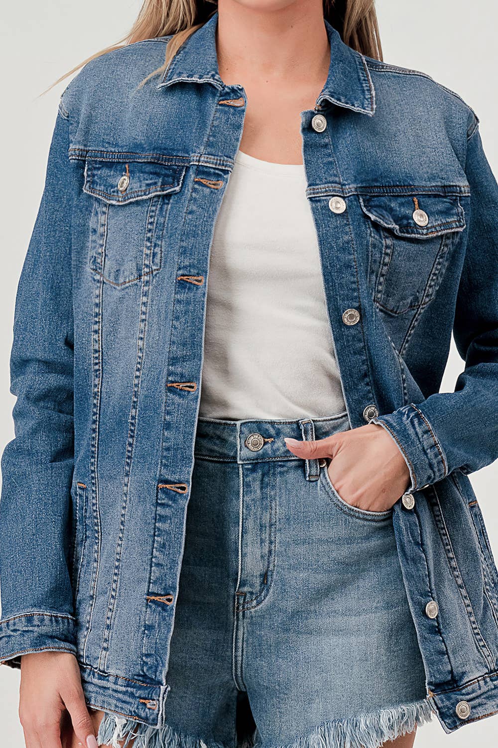 M7151J - MEDIUM WASH - LONG DENIM JACKET - Rooted & Reckless Co.