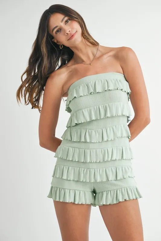 MABLE Pointelle Knit Fabric Ruffled Tube Romper - Rooted & Reckless Co.