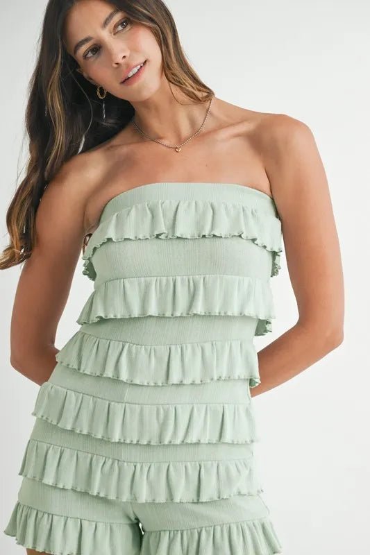 MABLE Pointelle Knit Fabric Ruffled Tube Romper - Rooted & Reckless Co.