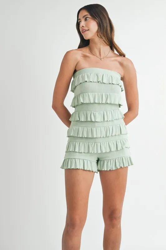 MABLE Pointelle Knit Fabric Ruffled Tube Romper - Rooted & Reckless Co.