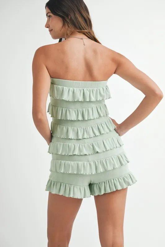 MABLE Pointelle Knit Fabric Ruffled Tube Romper - Rooted & Reckless Co.