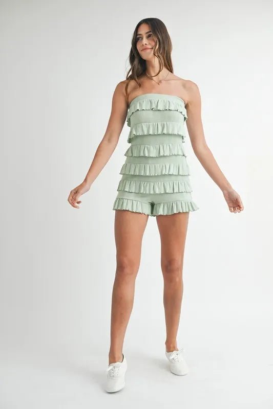 MABLE Pointelle Knit Fabric Ruffled Tube Romper - Rooted & Reckless Co.