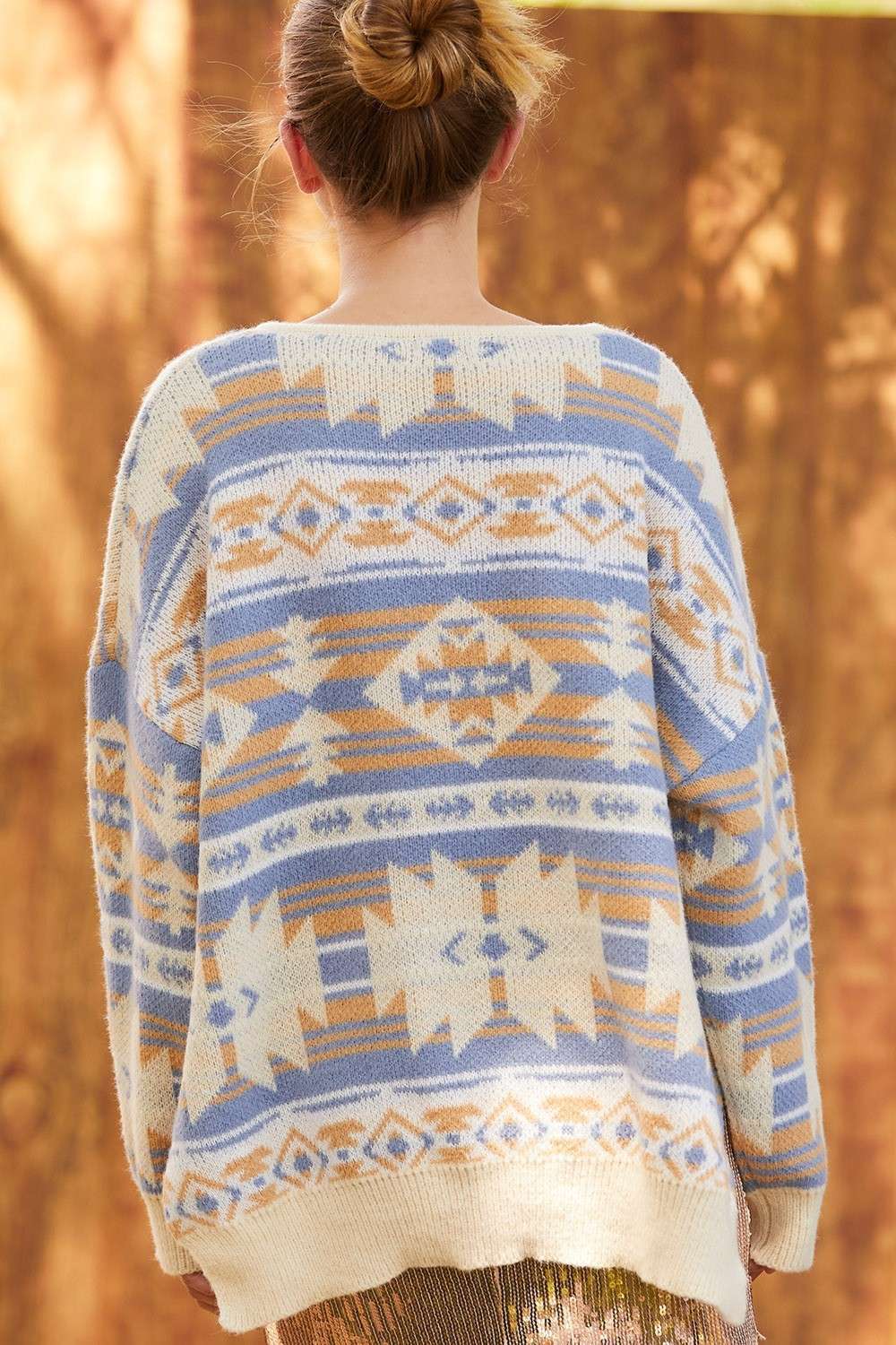 Main Strip Southwestern Knit Sweater — Oversized V-Neck with Bold Blue, Tan & Cream Print - Rooted & Reckless Co.