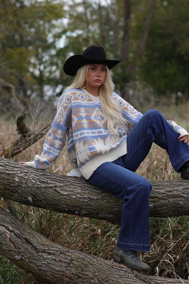 Main Strip Southwestern Knit Sweater — Oversized V-Neck with Bold Blue, Tan & Cream Print - Rooted & Reckless Co.