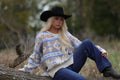 Main Strip Southwestern Knit Sweater — Oversized V-Neck with Bold Blue, Tan & Cream Print - Rooted & Reckless Co.