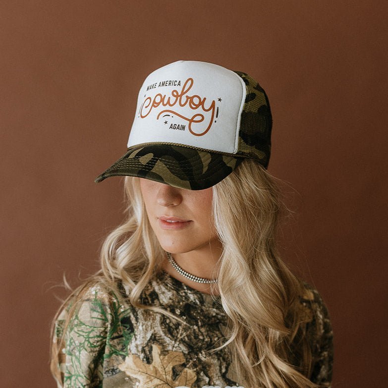 Make America Cowboy Again Camo Trucker Hat - Rooted & Reckless Co.