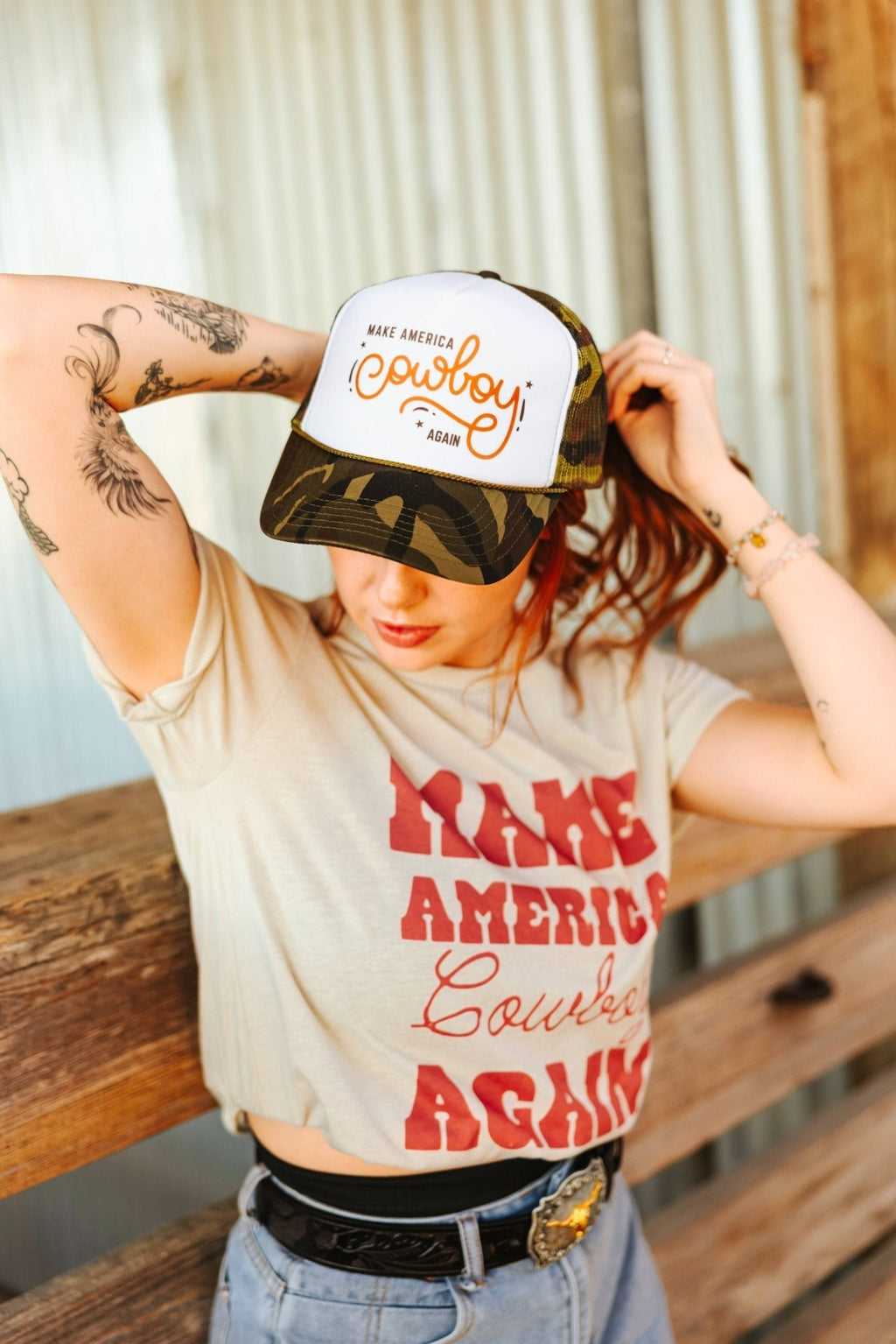 Make America Cowboy Again Camo Trucker Hat - Rooted & Reckless Co.