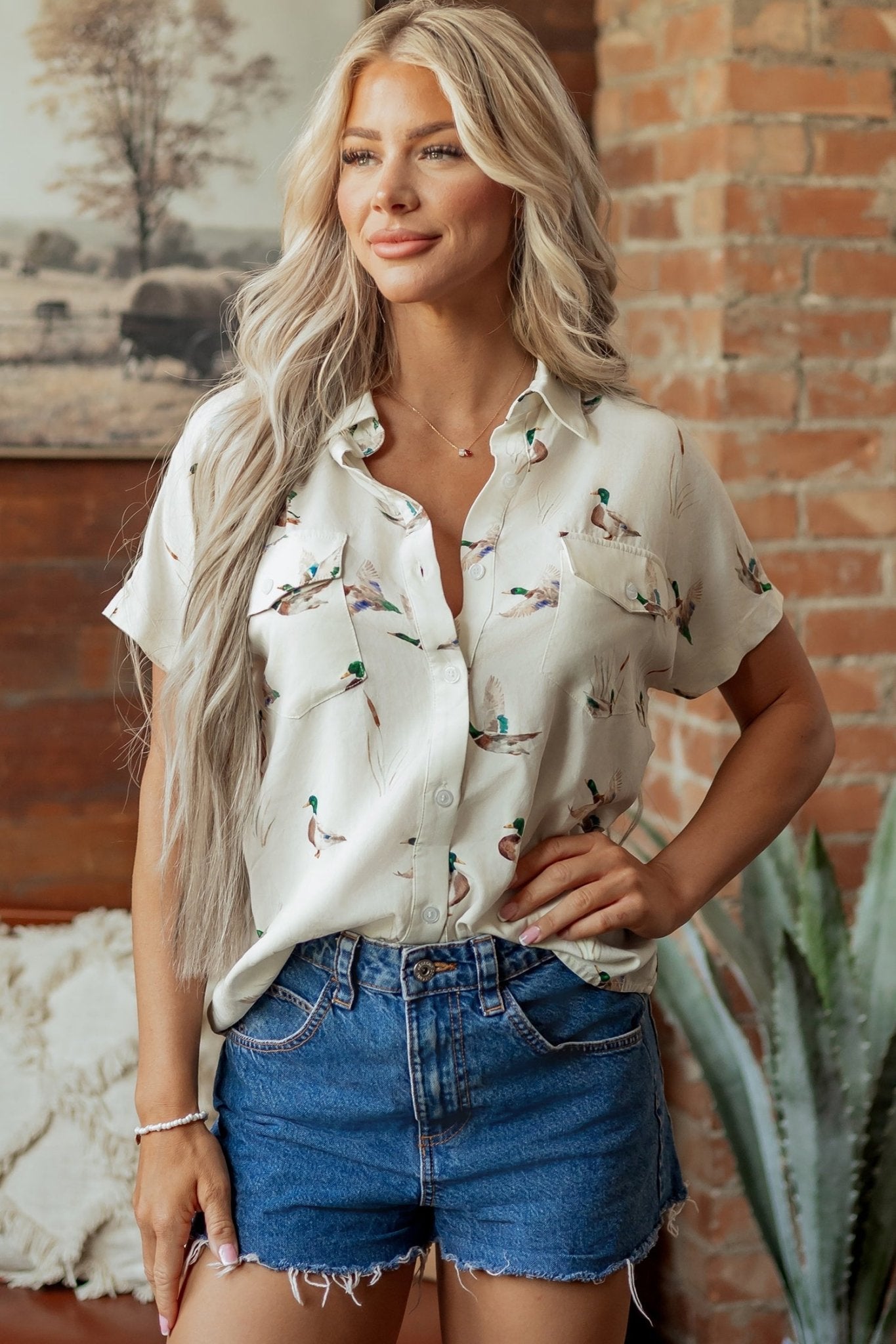 Mallard Button Flap Pocket Collared Blouse - Rooted & Reckless Co.