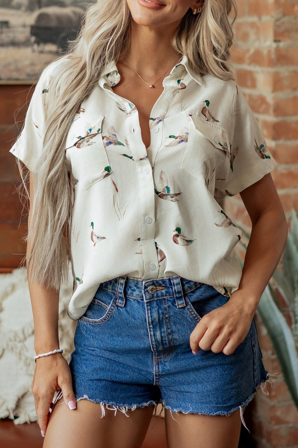Mallard Button Flap Pocket Collared Blouse - Rooted & Reckless Co.