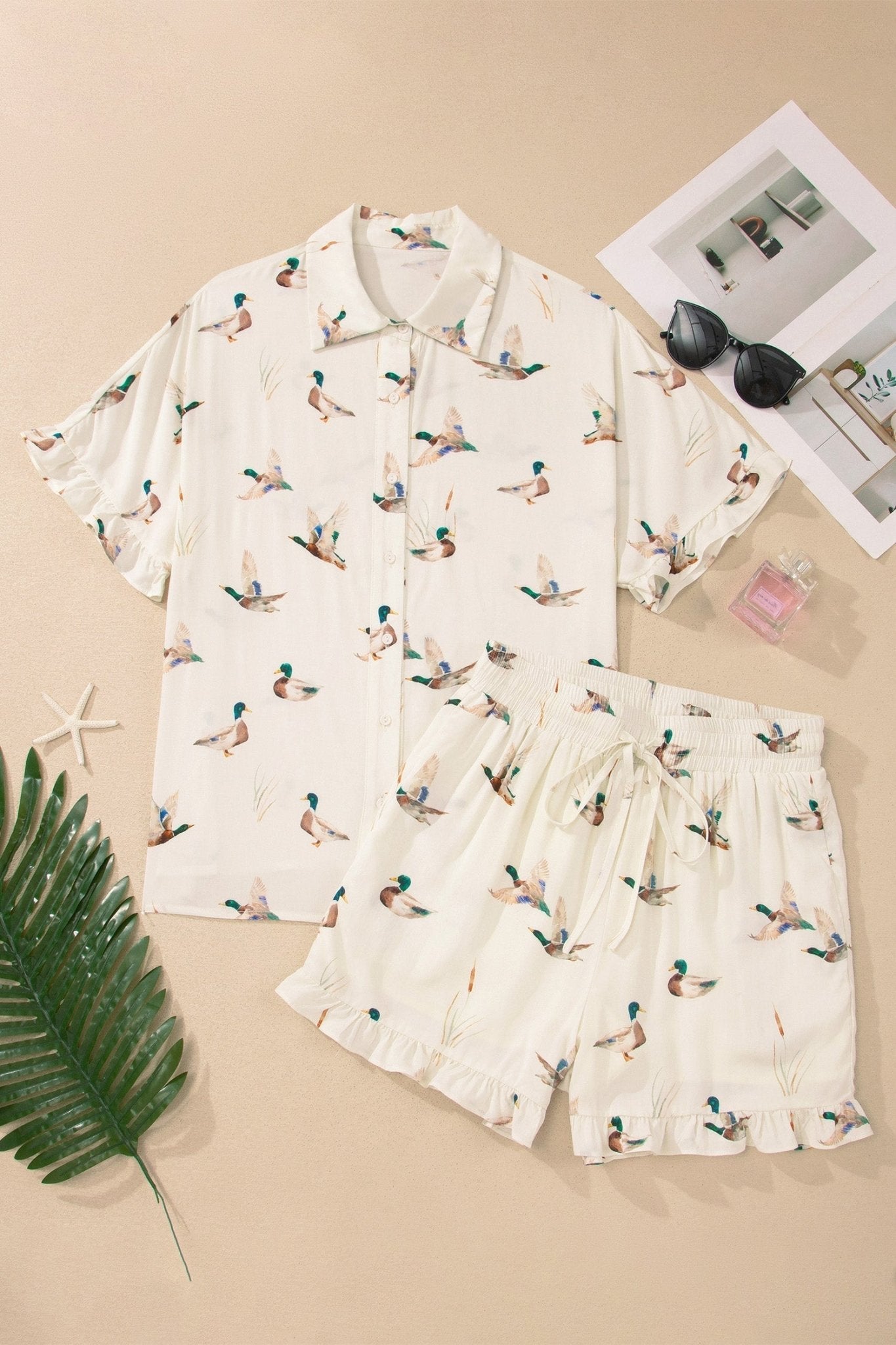 Mallard Ruffle Buttoned Shirt & Shorts Pajama Set - Rooted & Reckless Co.