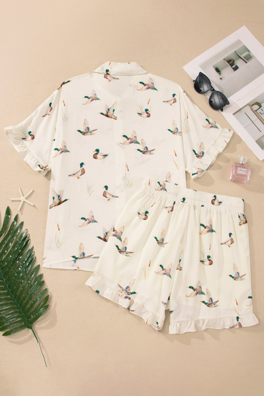 Mallard Ruffle Buttoned Shirt & Shorts Pajama Set - Rooted & Reckless Co.