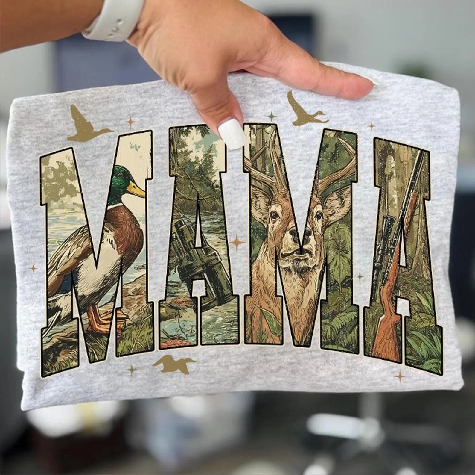 Mama deer camo, gun, & duck hunting tee or sweatshirt - Rooted & Reckless Co.