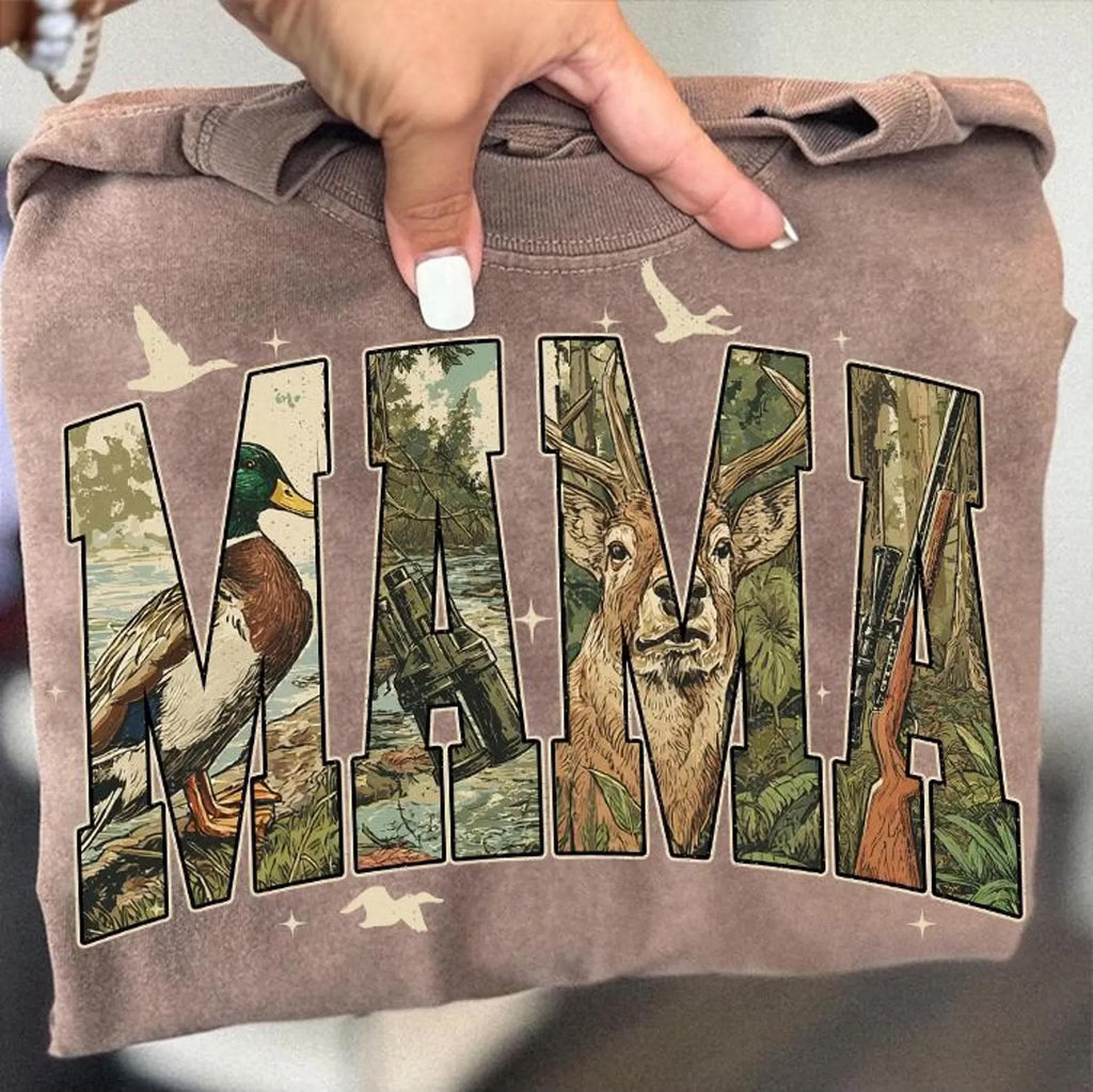 Mama deer camo, gun, & duck hunting tee or sweatshirt - Rooted & Reckless Co.