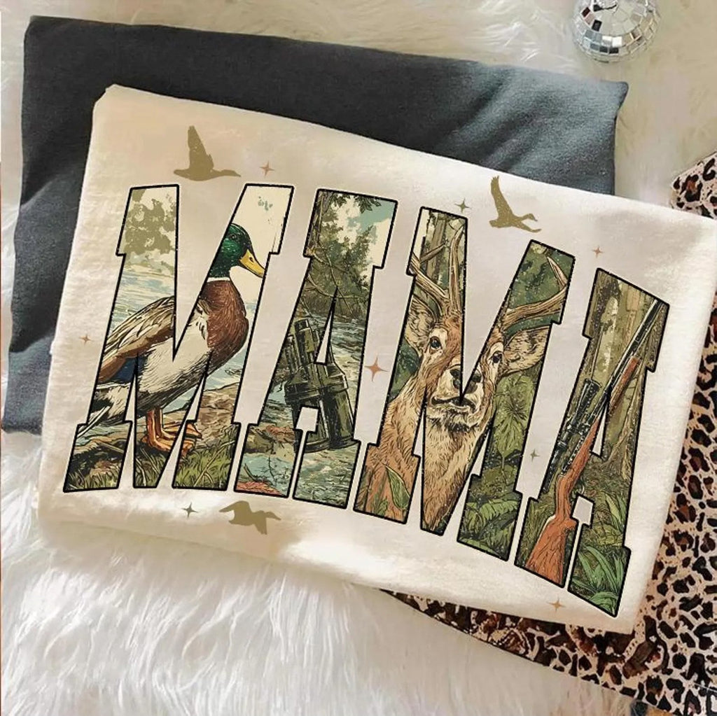 Mama deer camo, gun, & duck hunting tee or sweatshirt - Rooted & Reckless Co.