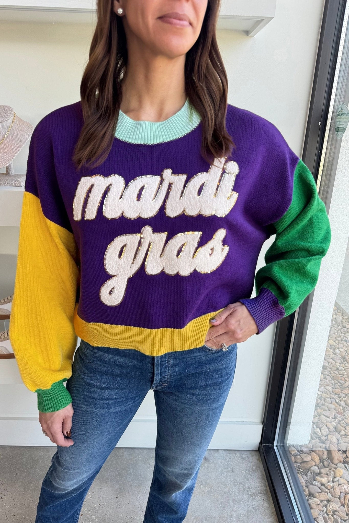 Mardi Gras Colorblock Fuzzy Patchwork Sweater - Rooted & Reckless Co.