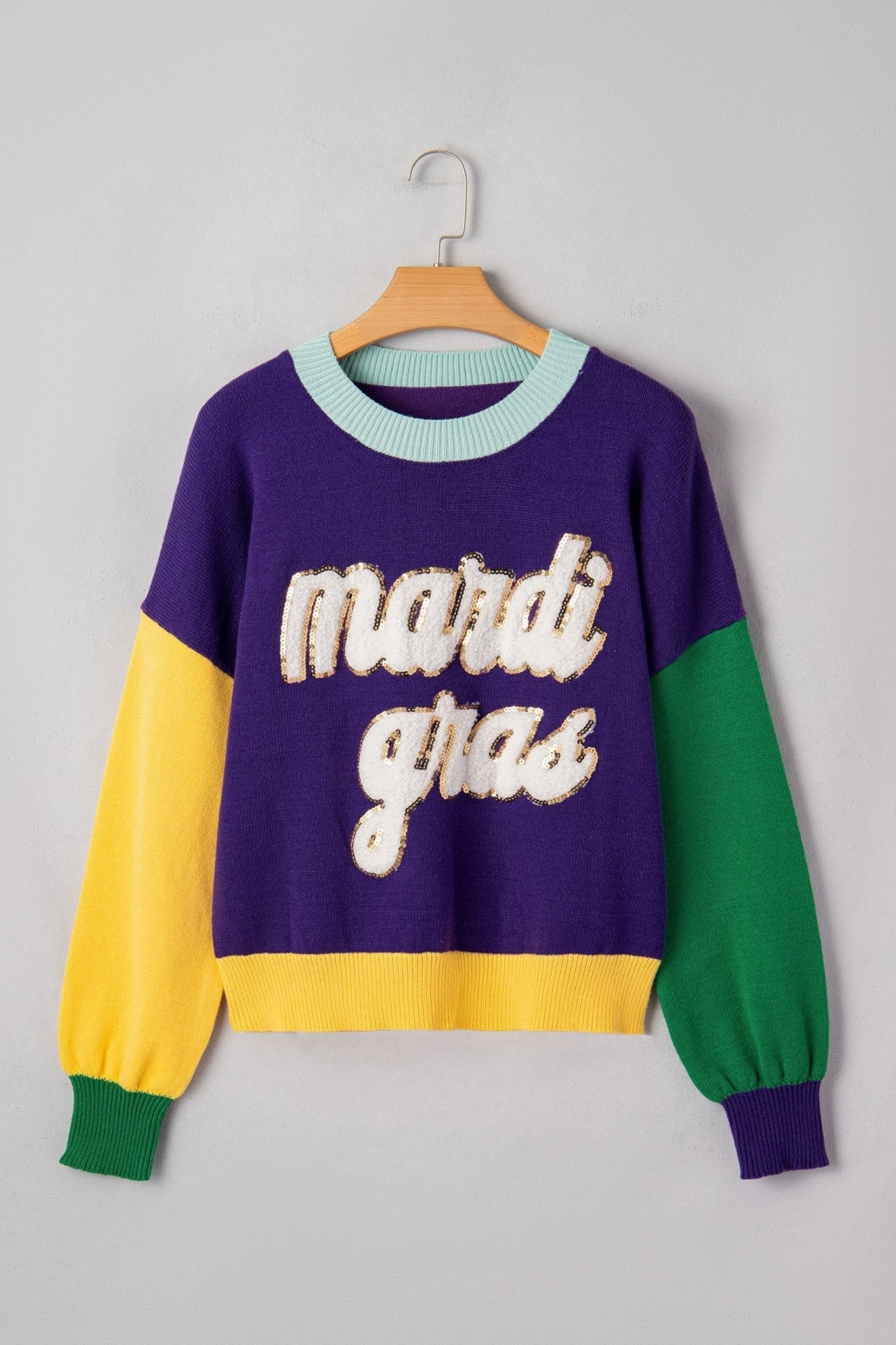 Mardi Gras Colorblock Fuzzy Patchwork Sweater - Rooted & Reckless Co.