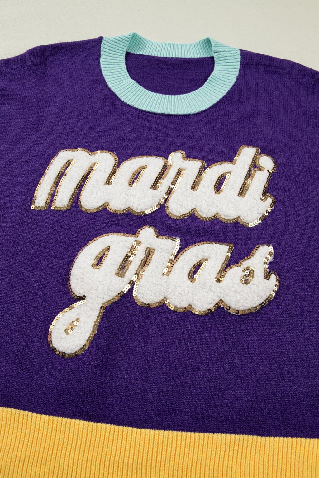 Mardi Gras Colorblock Fuzzy Patchwork Sweater - Rooted & Reckless Co.