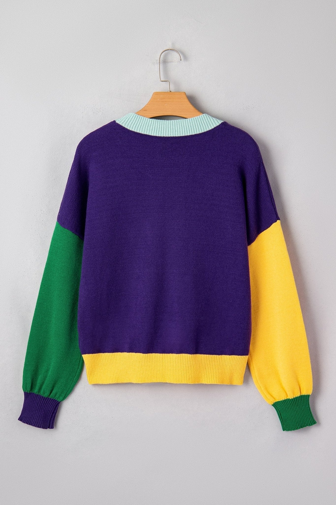 Mardi Gras Colorblock Fuzzy Patchwork Sweater - Rooted & Reckless Co.