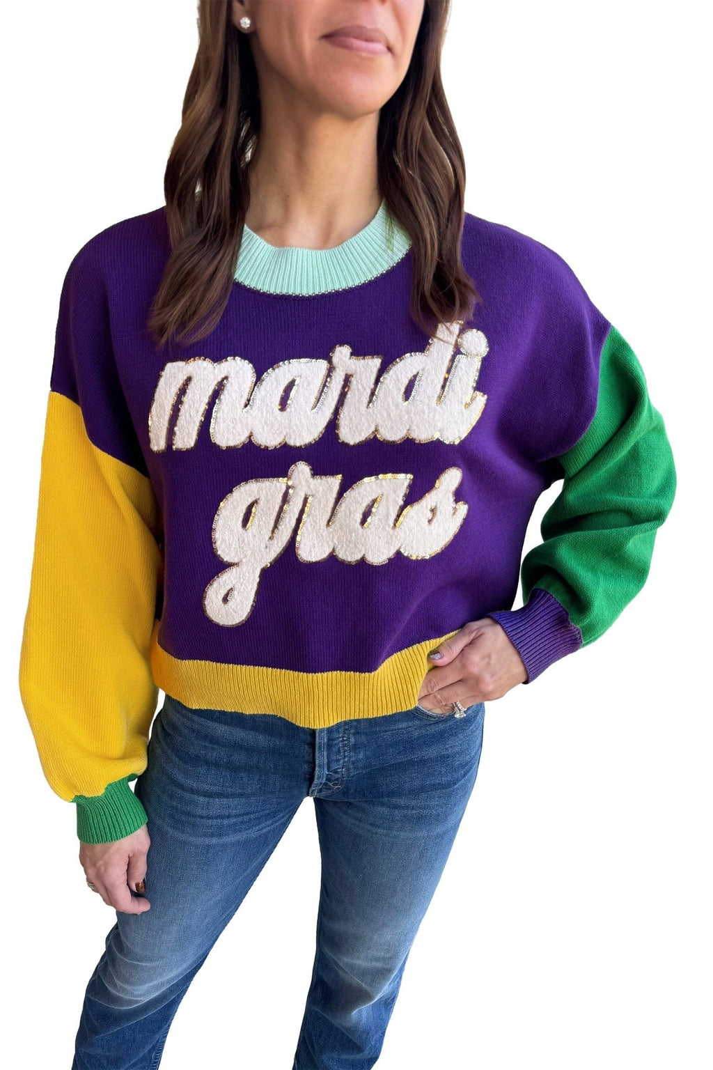 Mardi Gras Colorblock Fuzzy Patchwork Sweater - Rooted & Reckless Co.