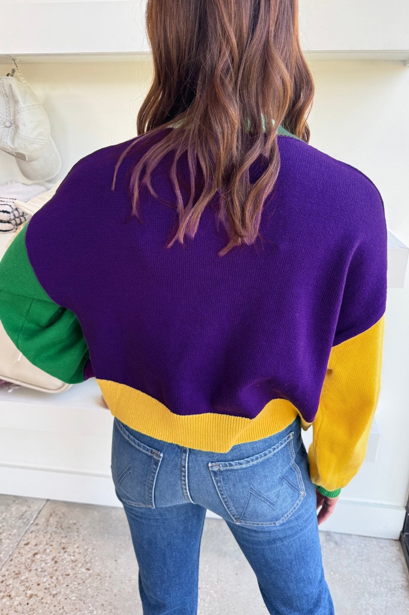 Mardi Gras Colorblock Fuzzy Patchwork Sweater - Rooted & Reckless Co.