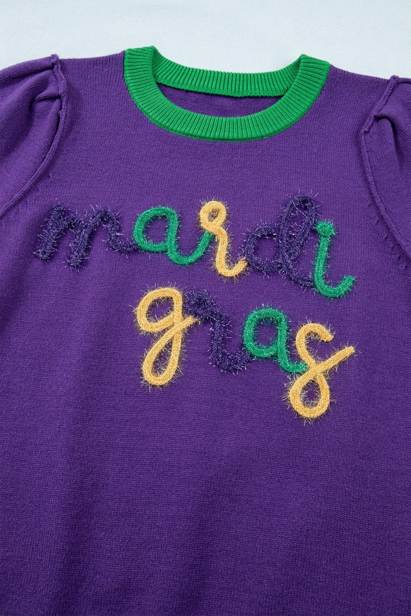 Mardi Gras Tinsel Embroidered Short Sleeve Sweater - Rooted & Reckless Co.