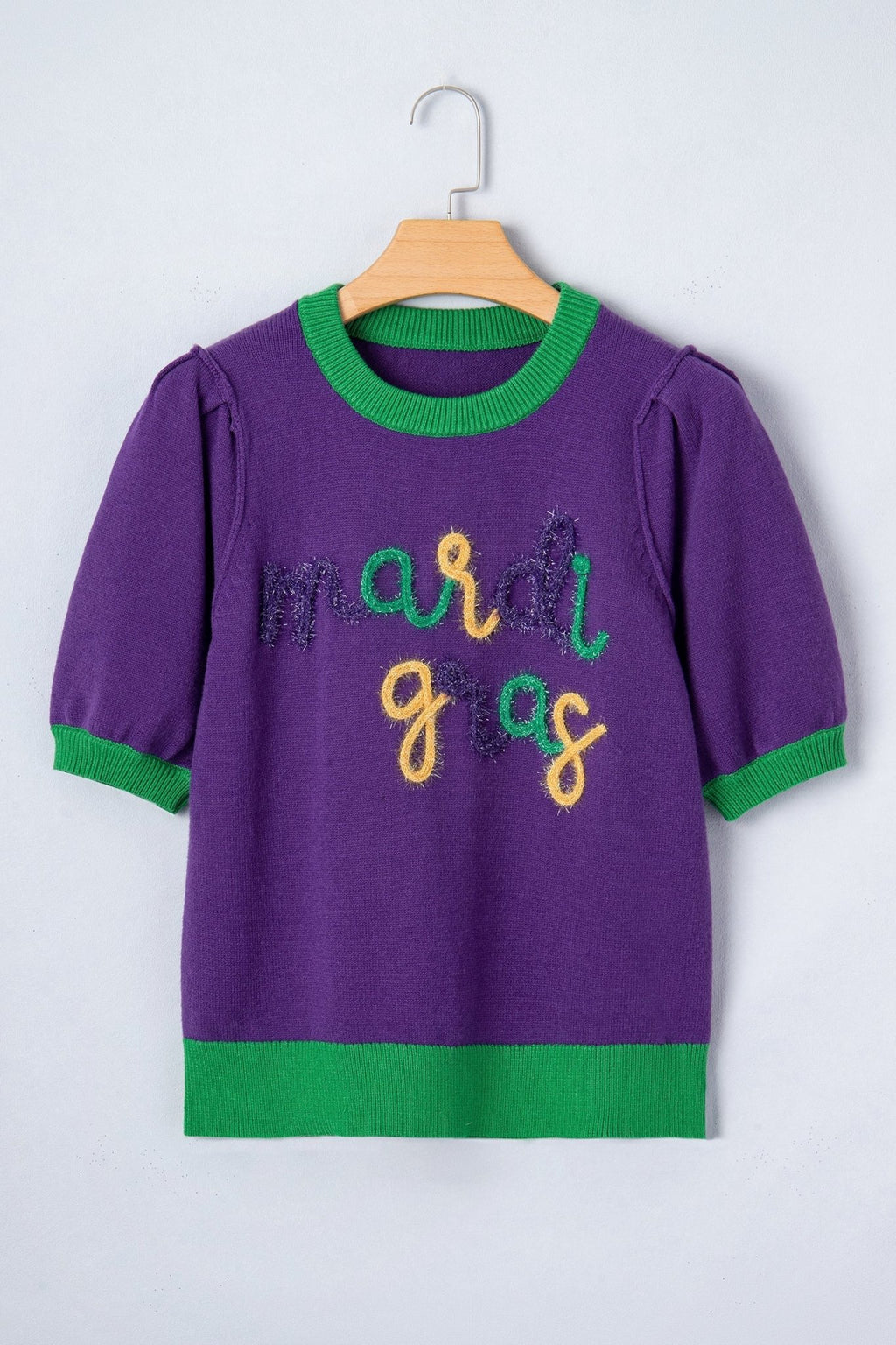 Mardi Gras Tinsel Embroidered Short Sleeve Sweater - Rooted & Reckless Co.