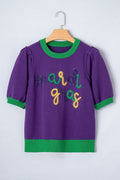 Mardi Gras Tinsel Embroidered Short Sleeve Sweater - Rooted & Reckless Co.