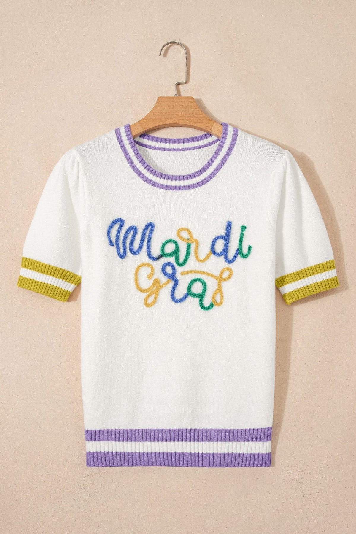 Mardi Gras Tinsel Lettering Short Sleeve Sweater - Rooted & Reckless Co.